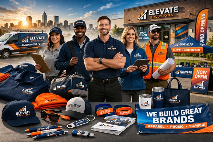 Business team with branded apparel, promotional products, and signage