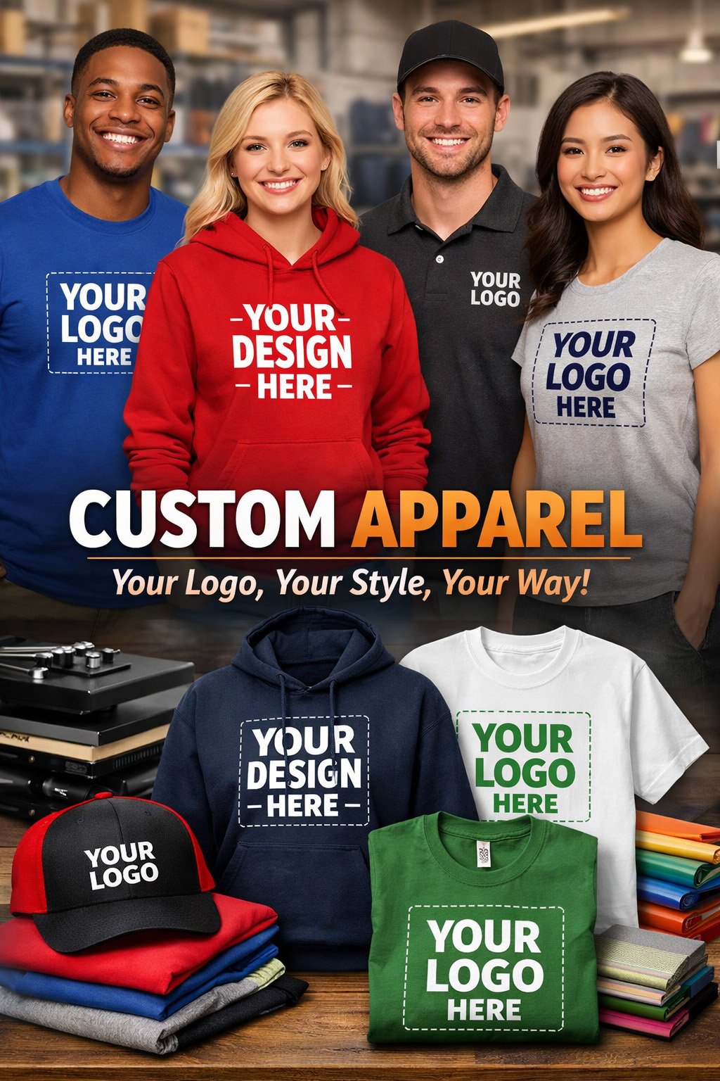 Custom apparel by Printeesweet including shirts, hoodies, hats, and polos
