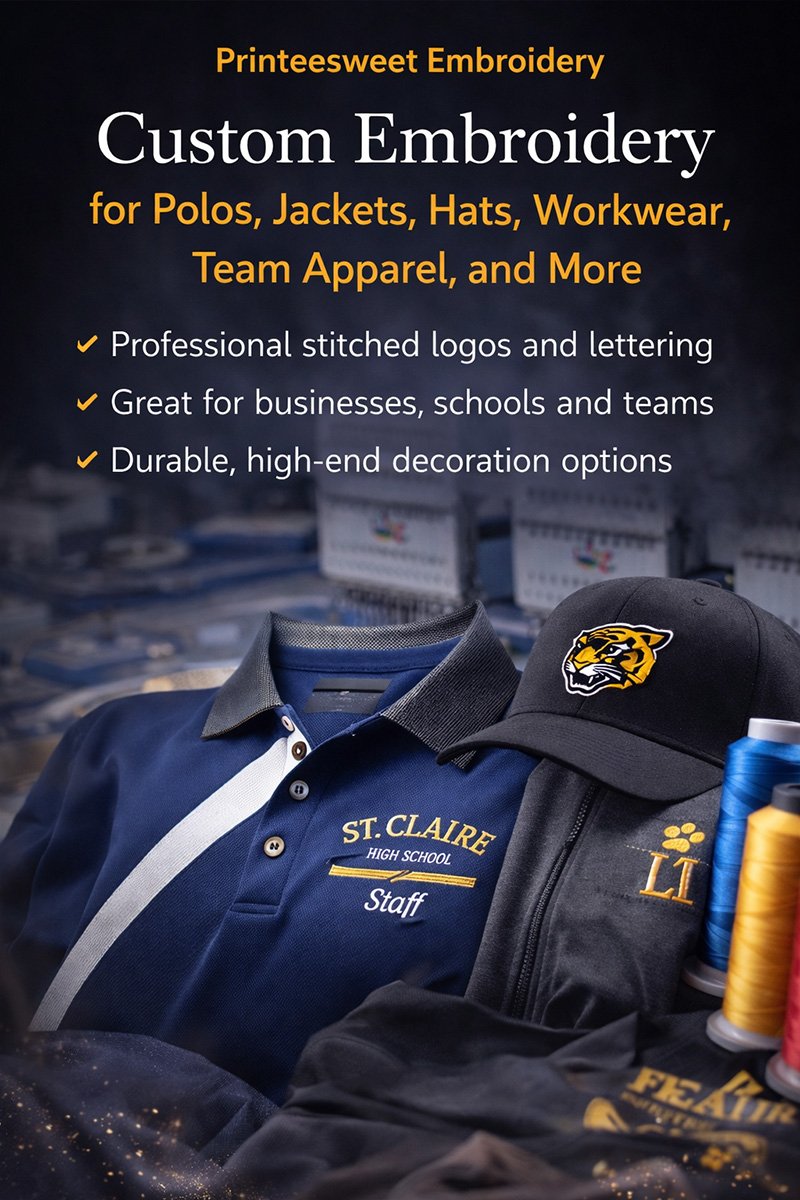 Custom embroidery on polos, jackets, hats, and workwear by Printeesweet