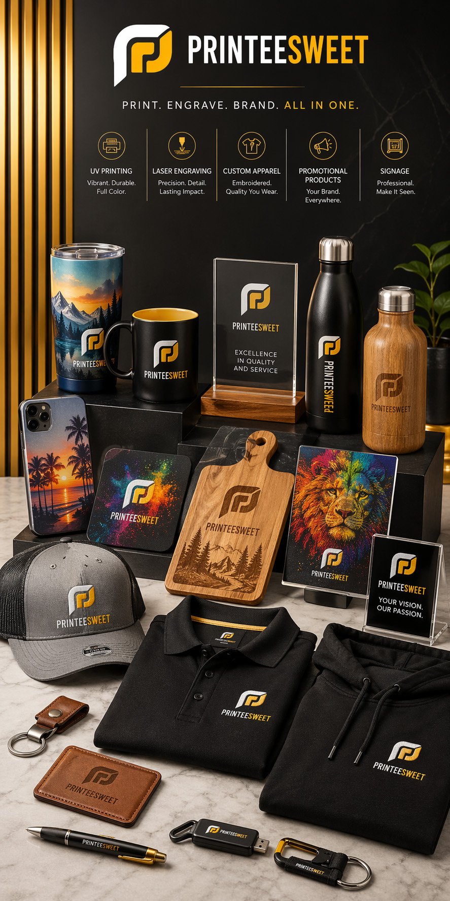 Printeesweet services including UV printing, laser etching, custom apparel, and fundraising